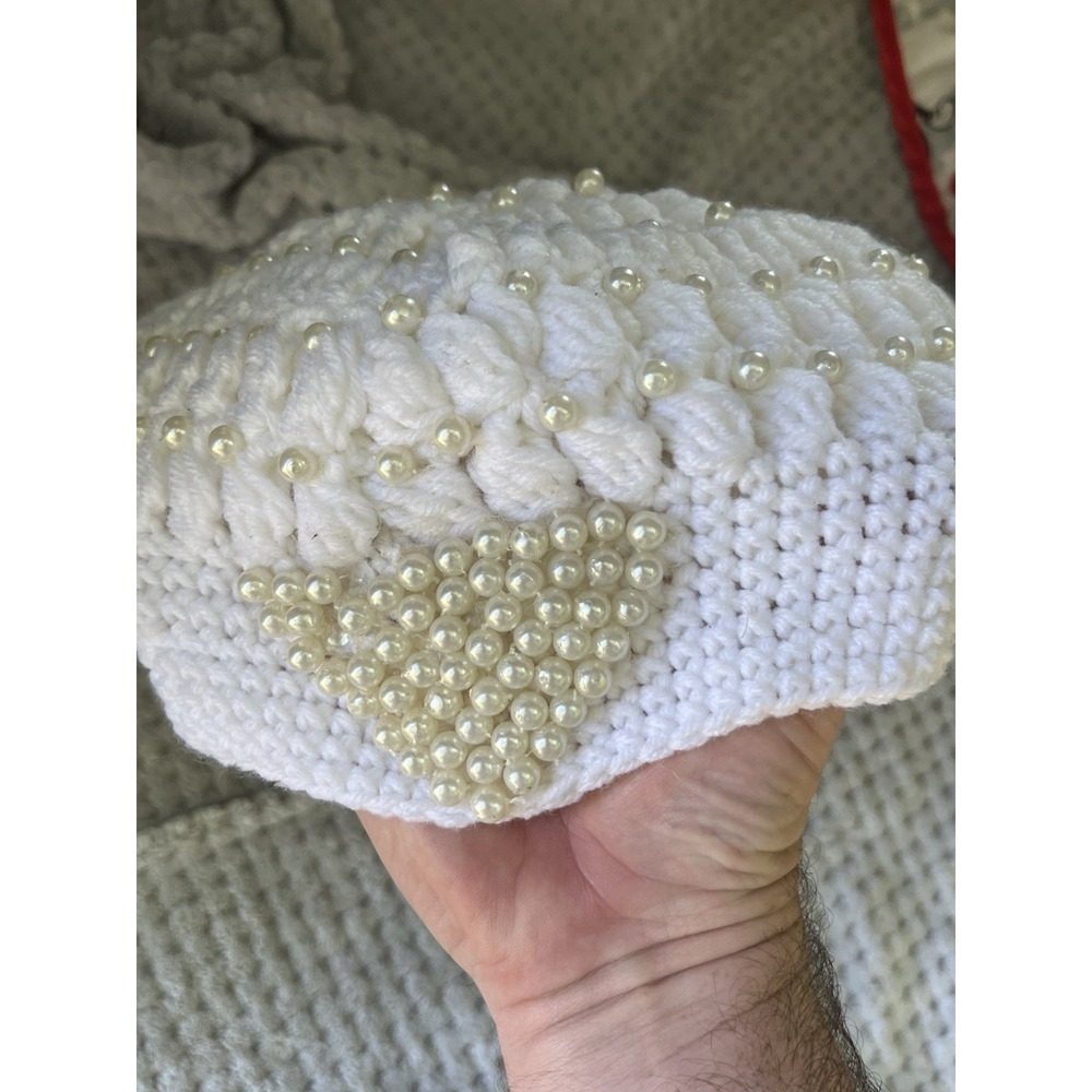 Vintage White Crocheted Hat with Pearls